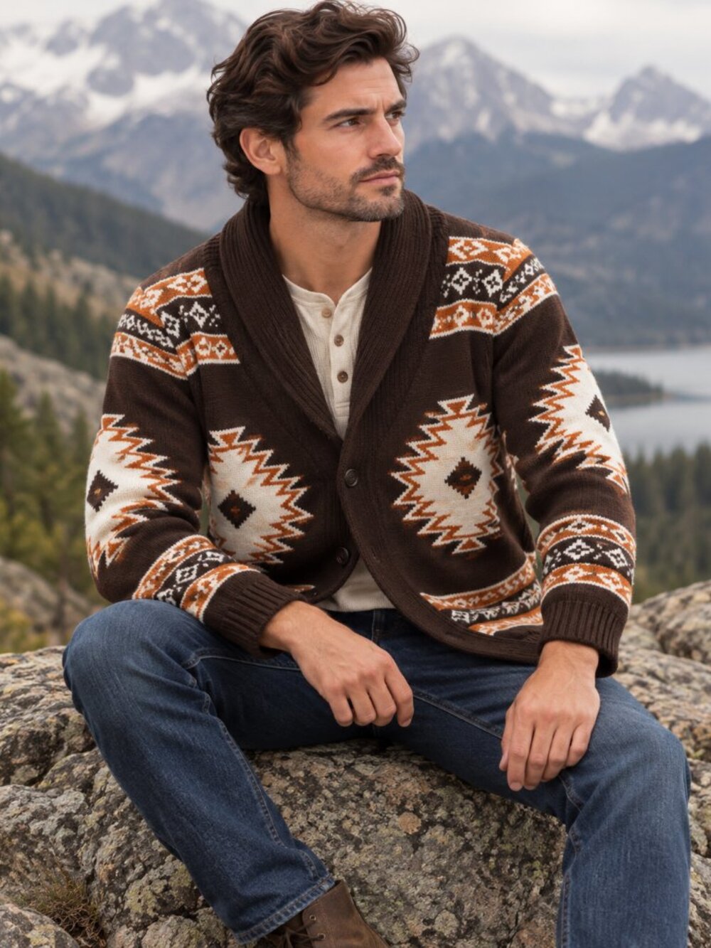 Telluride Clothing Co. Men's Aztec Shawl Collar Cardigan Brown NWT S